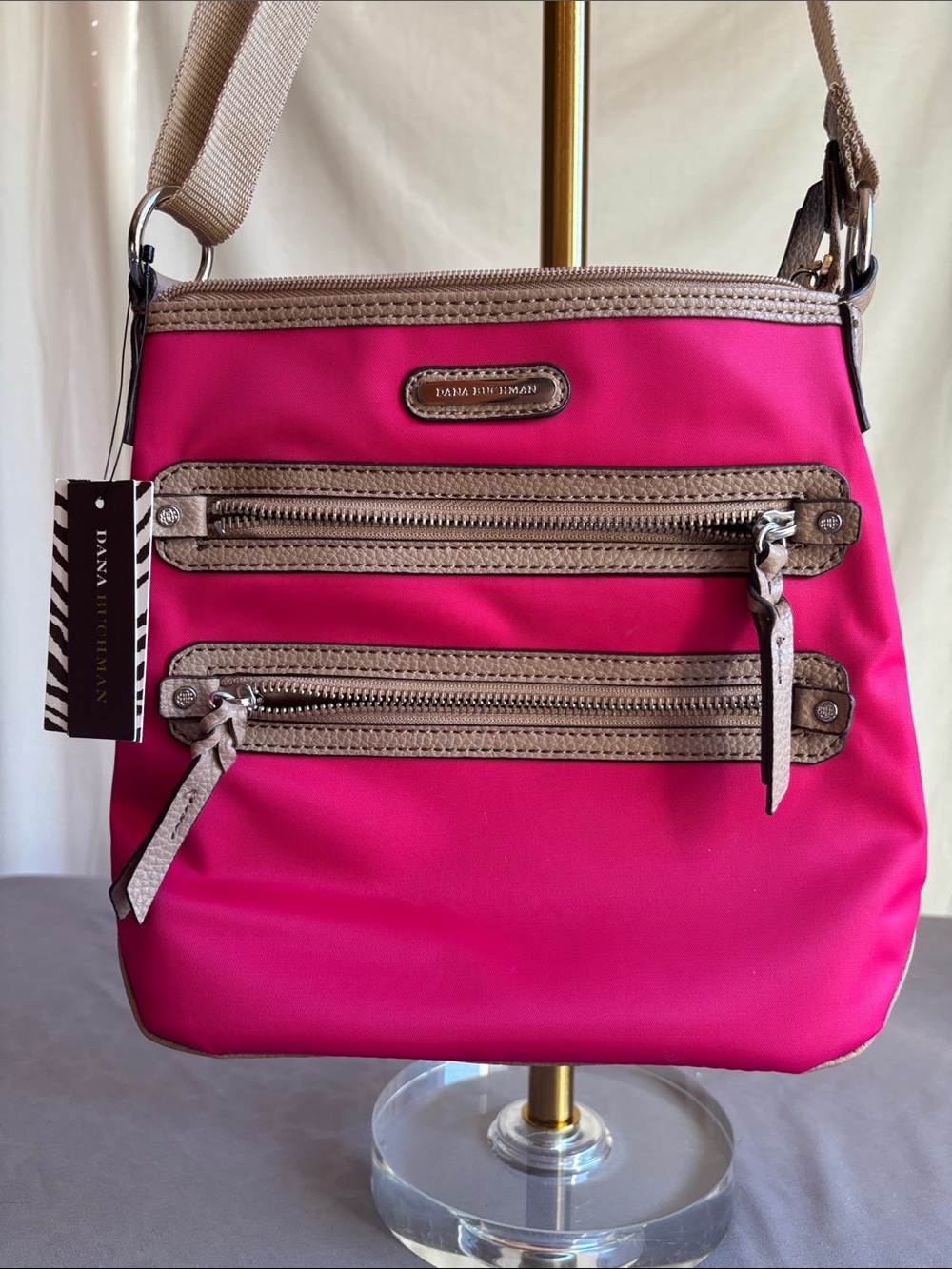 Dana Buchman- Pink Crossbody Shoulder Bag with Taupe Trim